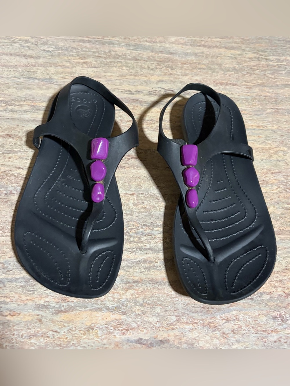 Crocs Sexi Flip Black Sandals with purple gems US 8